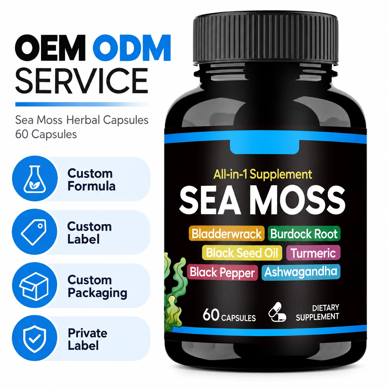 Sea Moss All-in-One Capsules, with Bladderwrack, Burdock Root, Black Seed Oil, Turmeric, Black Pepper & Ashwagandha, Immune & Energy Support Dietary Supplement, 60 Capsules