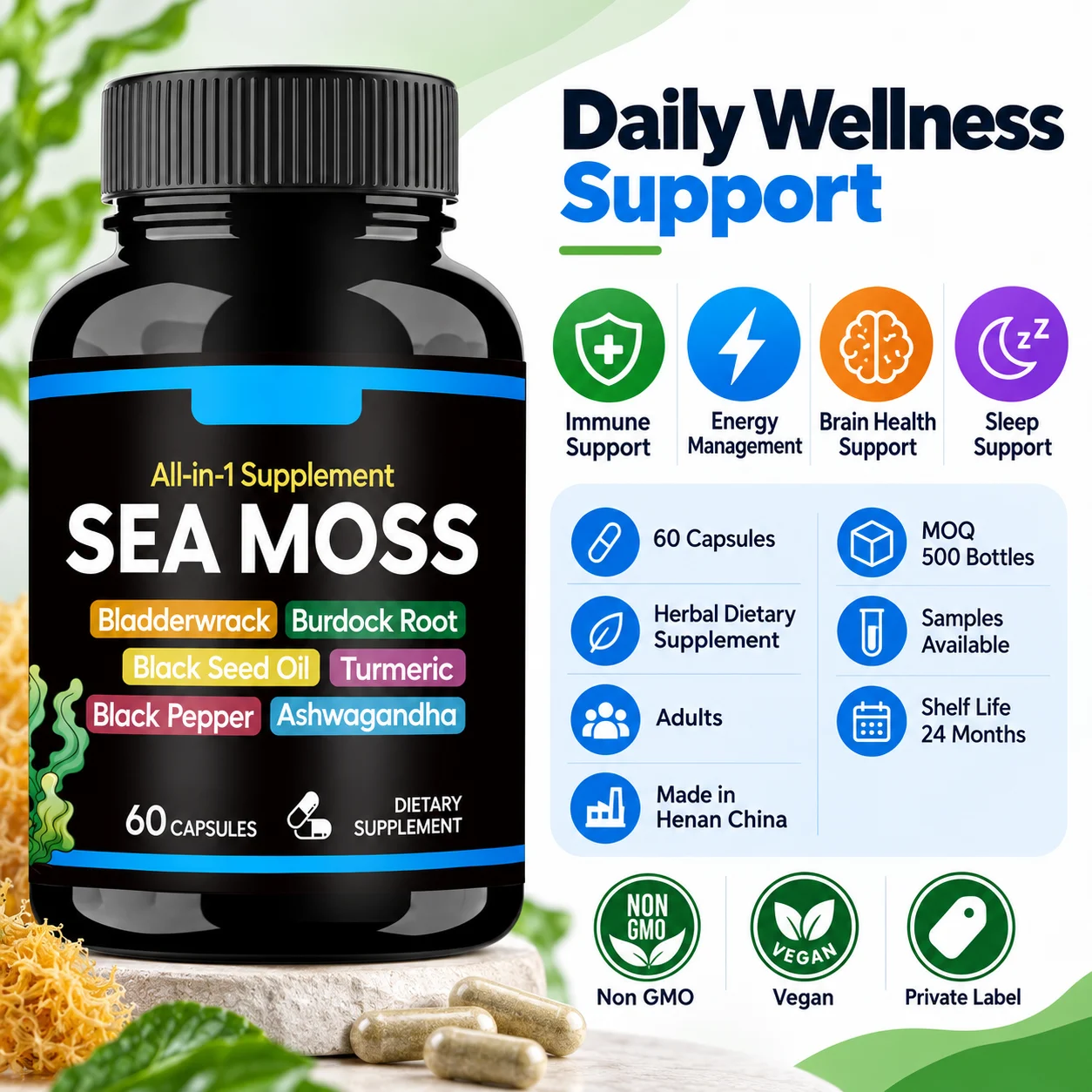 Sea Moss All-in-One Capsules, with Bladderwrack, Burdock Root, Black Seed Oil, Turmeric, Black Pepper & Ashwagandha, Immune & Energy Support Dietary Supplement, 60 Capsules product detail