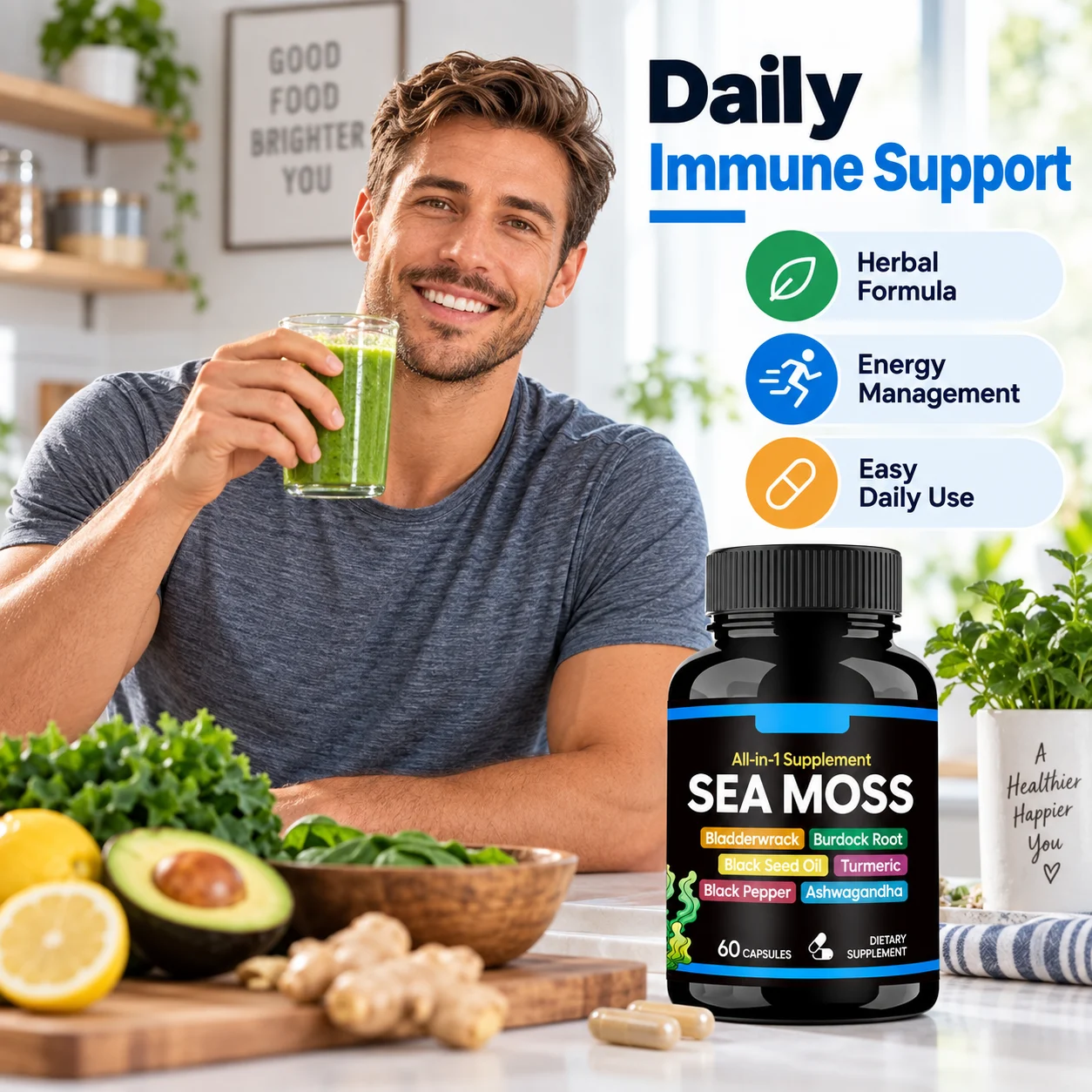 Sea Moss All-in-One Capsules, with Bladderwrack, Burdock Root, Black Seed Oil, Turmeric, Black Pepper & Ashwagandha, Immune & Energy Support Dietary Supplement, 60 Capsules product detail