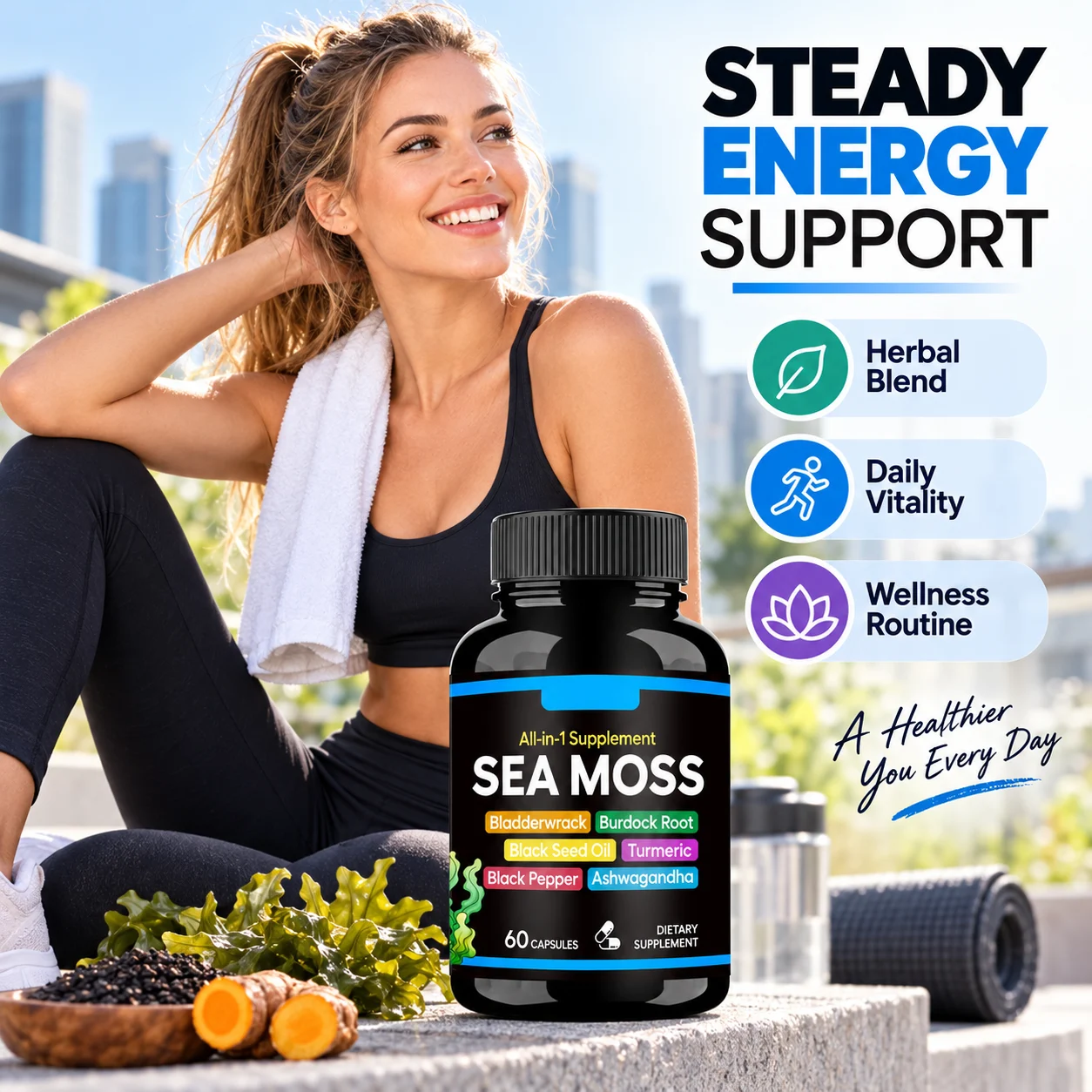 Sea Moss All-in-One Capsules, with Bladderwrack, Burdock Root, Black Seed Oil, Turmeric, Black Pepper & Ashwagandha, Immune & Energy Support Dietary Supplement, 60 Capsules product detail