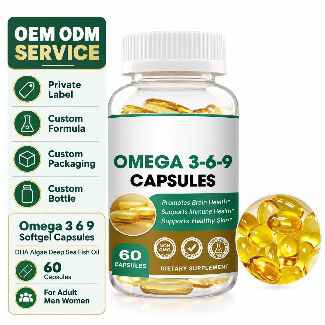 Omega 3-6-9 Softgel Capsules, Deep Sea Fish Oil & DHA Algae Blend, Supports Brain, Immune & Skin Health, 60 Capsules Dietary Supplement