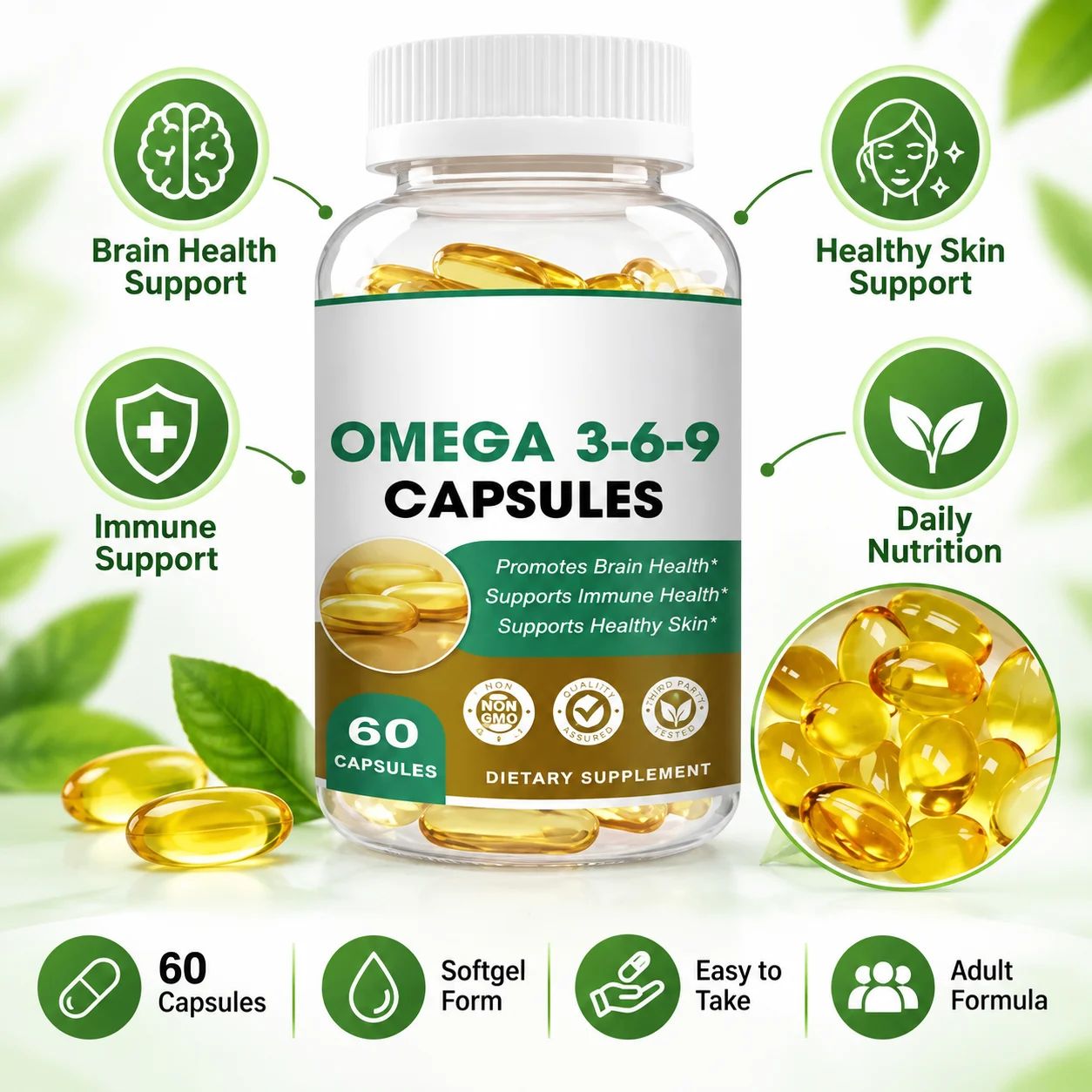 Omega 3-6-9 Softgel Capsules, Deep Sea Fish Oil & DHA Algae Blend, Supports Brain, Immune & Skin Health, 60 Capsules Dietary Supplement product detail