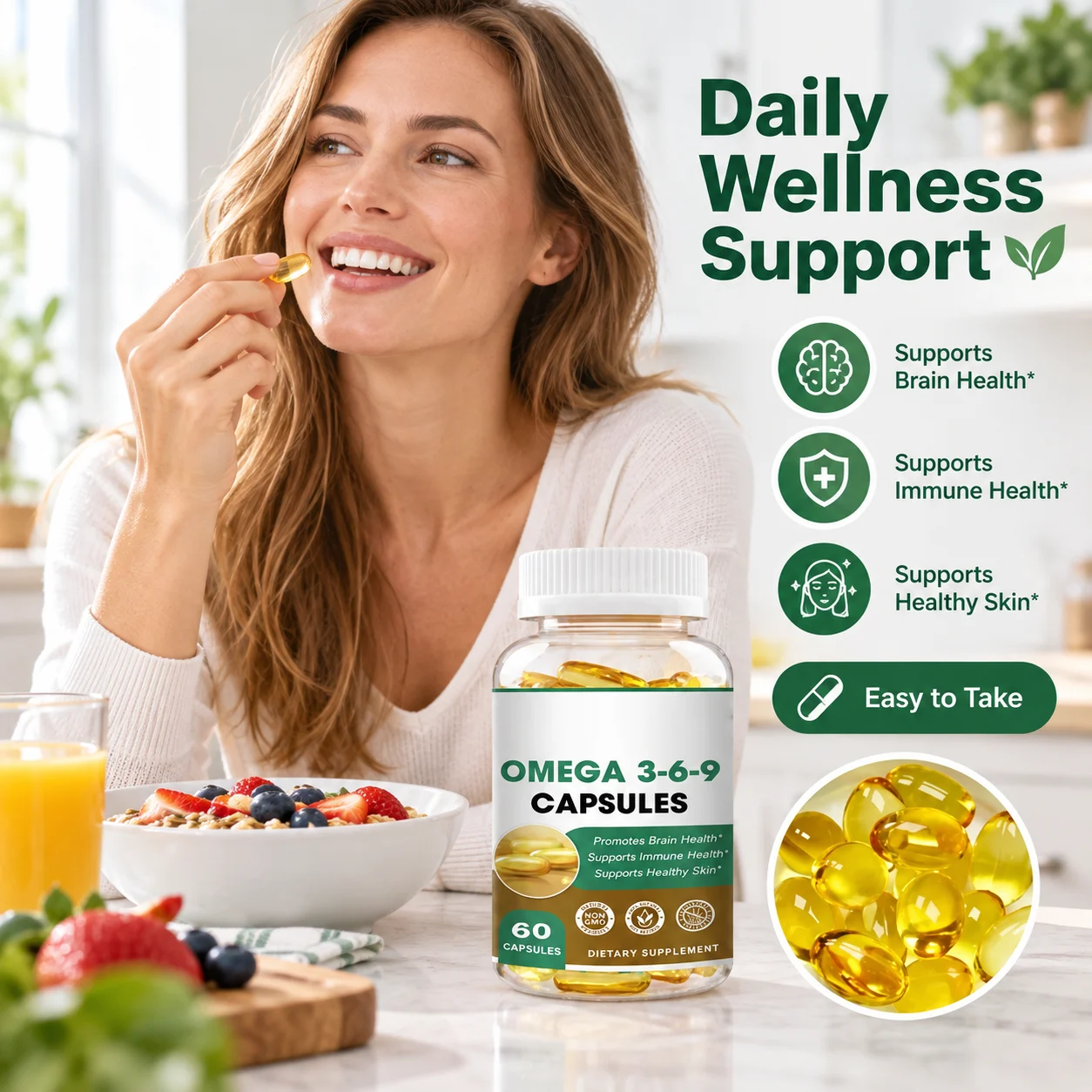 Omega 3-6-9 Softgel Capsules, Deep Sea Fish Oil & DHA Algae Blend, Supports Brain, Immune & Skin Health, 60 Capsules Dietary Supplement product detail