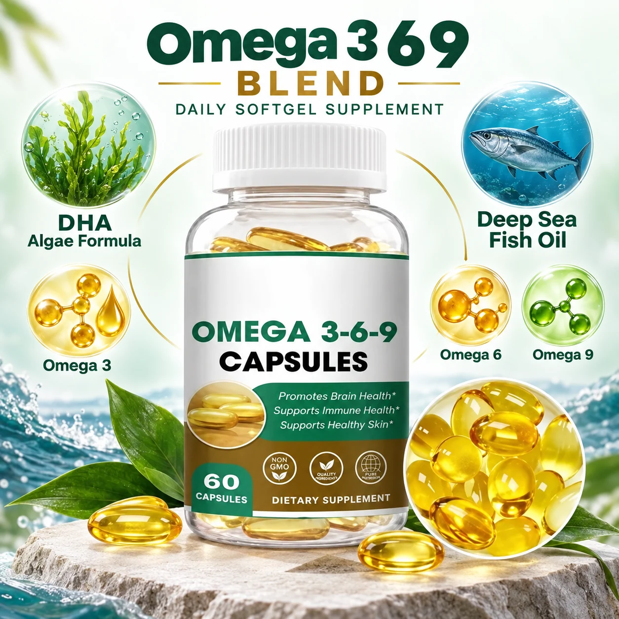 Omega 3-6-9 Softgel Capsules, Deep Sea Fish Oil & DHA Algae Blend, Supports Brain, Immune & Skin Health, 60 Capsules Dietary Supplement product detail