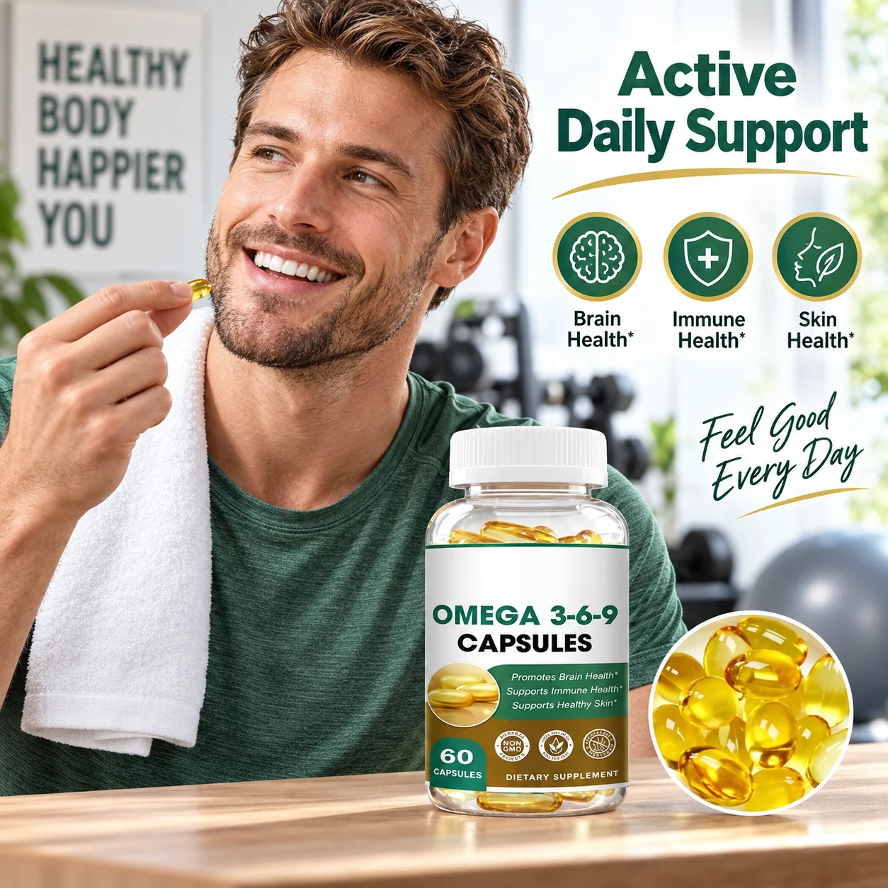 Omega 3-6-9 Softgel Capsules, Deep Sea Fish Oil & DHA Algae Blend, Supports Brain, Immune & Skin Health, 60 Capsules Dietary Supplement product detail