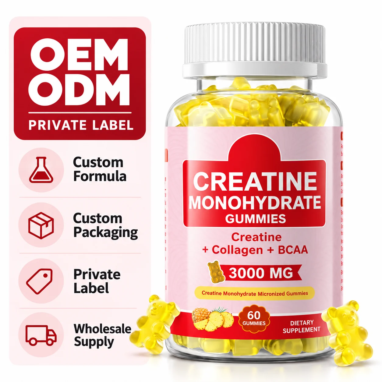 Creatine Monohydrate Gummies 3000mg with Collagen & BCAA, 60 Count, Workout & Muscle Support, OEM ODM Private Label