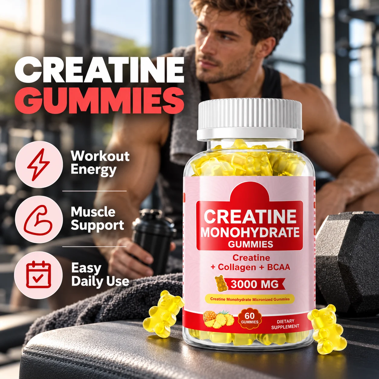 Creatine Monohydrate Gummies 3000mg with Collagen & BCAA, 60 Count, Workout & Muscle Support, OEM ODM Private Label product detail