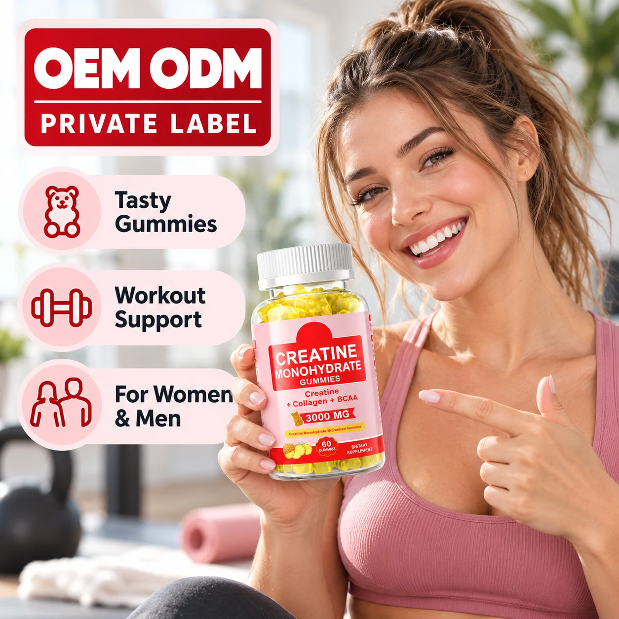 Creatine Monohydrate Gummies 3000mg with Collagen & BCAA, 60 Count, Workout & Muscle Support, OEM ODM Private Label product detail