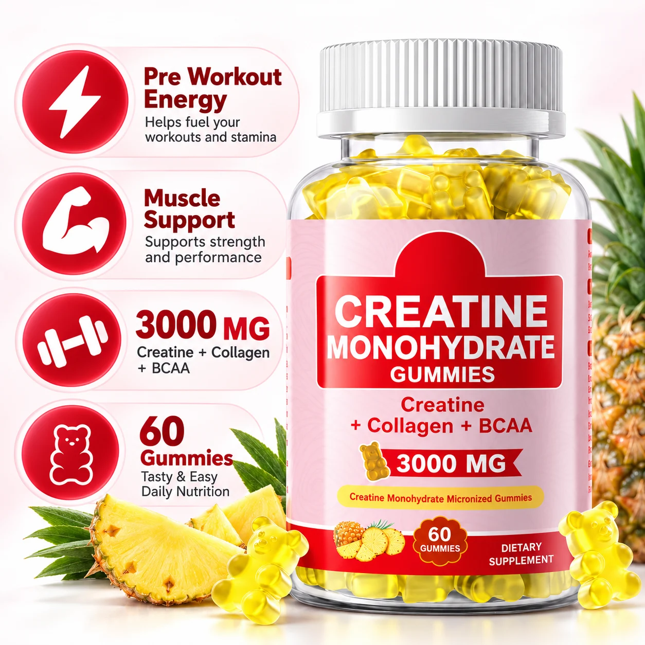 Creatine Monohydrate Gummies 3000mg with Collagen & BCAA, 60 Count, Workout & Muscle Support, OEM ODM Private Label product detail