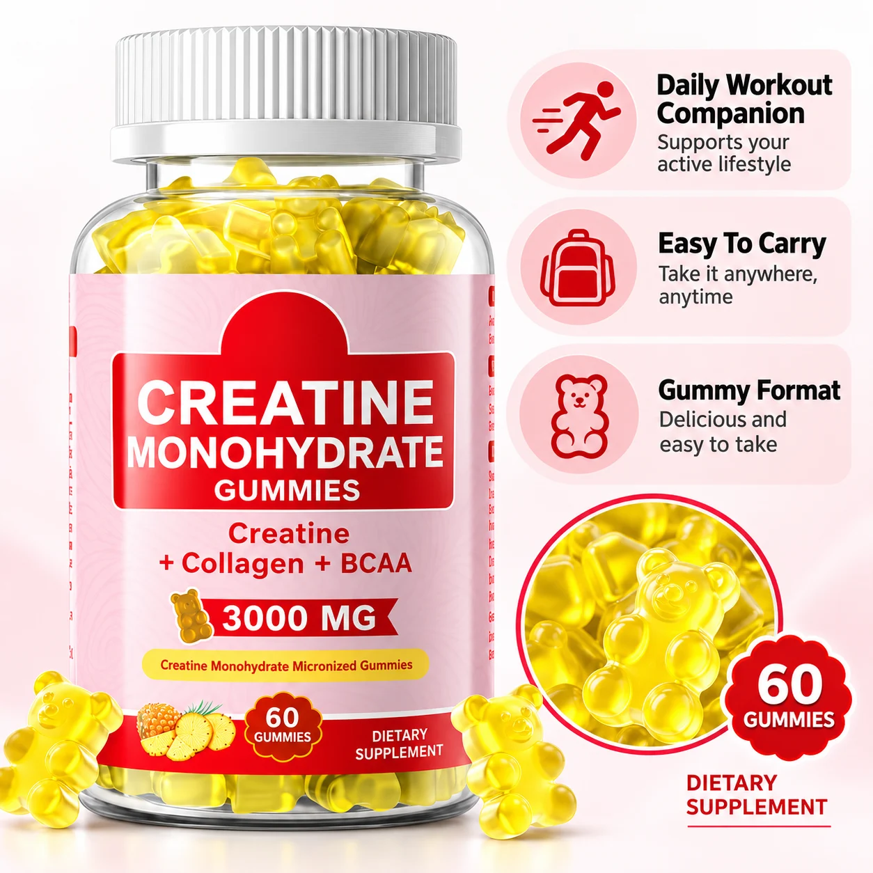 Creatine Monohydrate Gummies 3000mg with Collagen & BCAA, 60 Count, Workout & Muscle Support, OEM ODM Private Label product detail