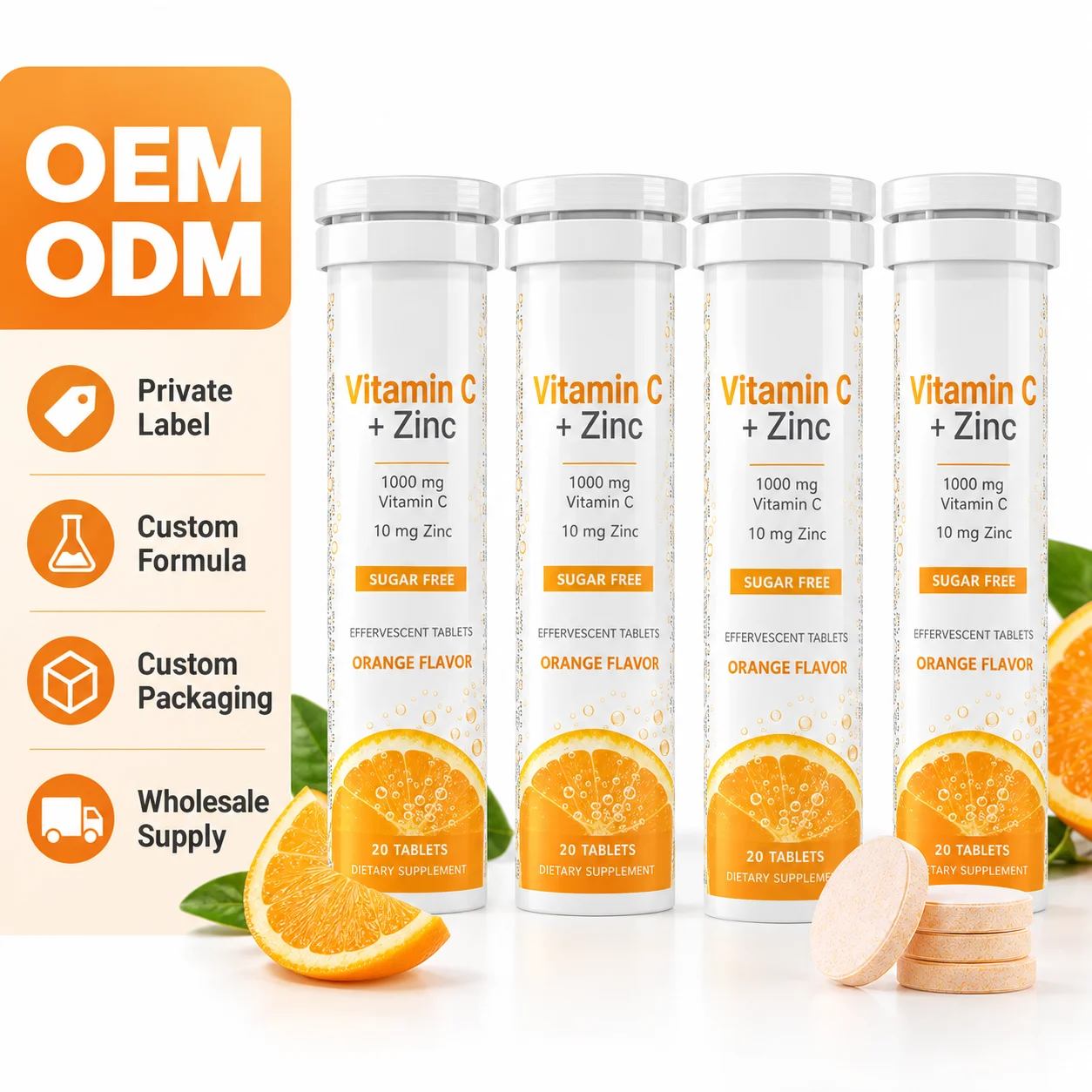 Vitamin C 1000 mg + Zinc 10 mg Effervescent Tablets, Sugar Free, Orange Flavor, 20 Tablets per Tube, OEM ODM Private Label
