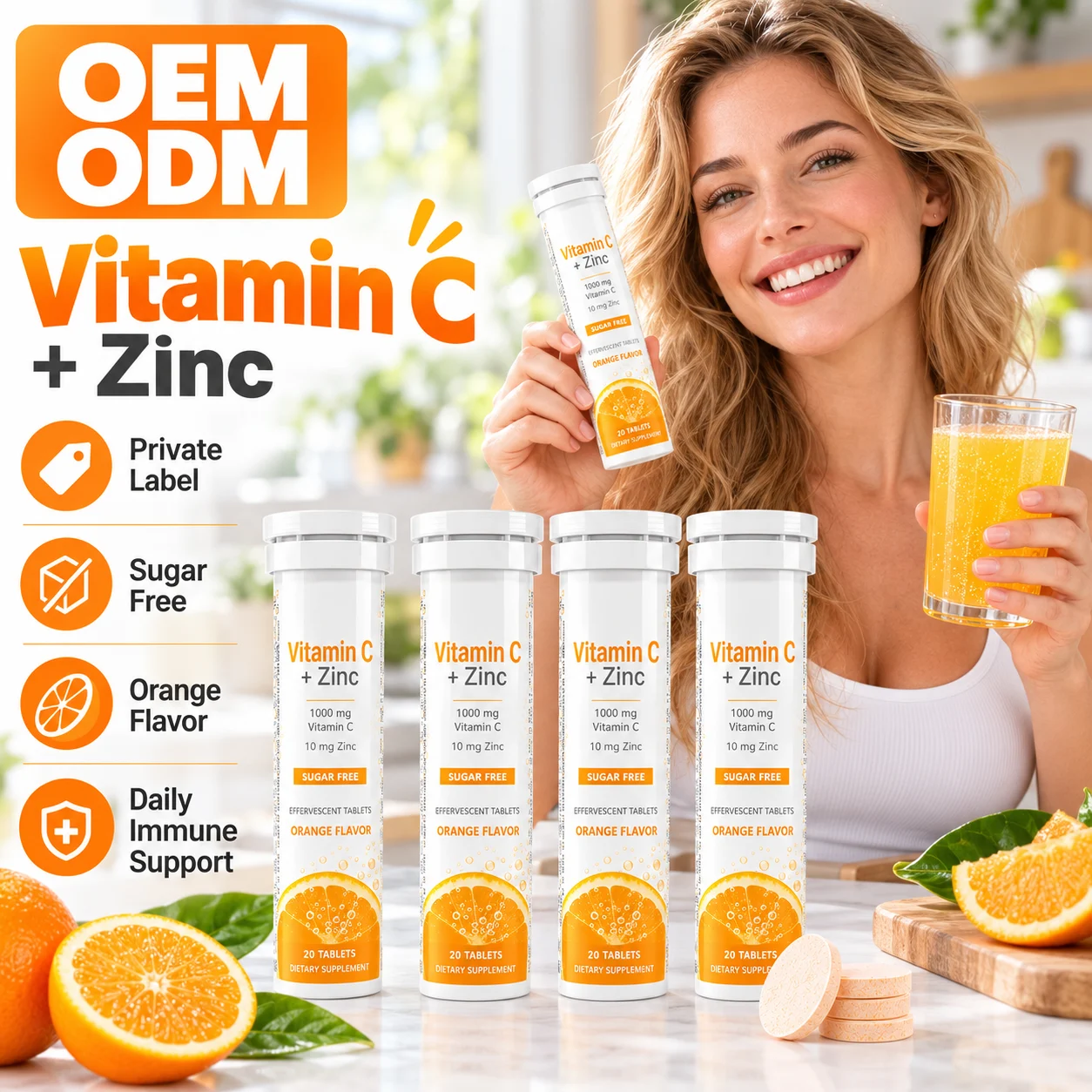 Vitamin C 1000 mg + Zinc 10 mg Effervescent Tablets, Sugar Free, Orange Flavor, 20 Tablets per Tube, OEM ODM Private Label product detail