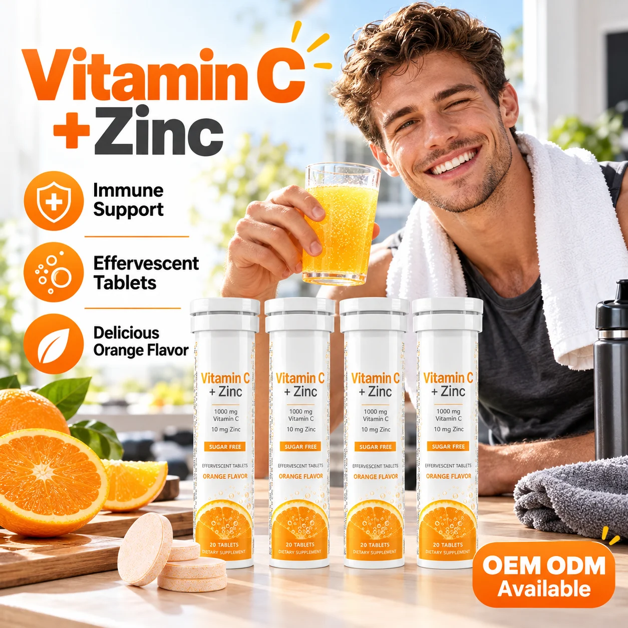 Vitamin C 1000 mg + Zinc 10 mg Effervescent Tablets, Sugar Free, Orange Flavor, 20 Tablets per Tube, OEM ODM Private Label product detail