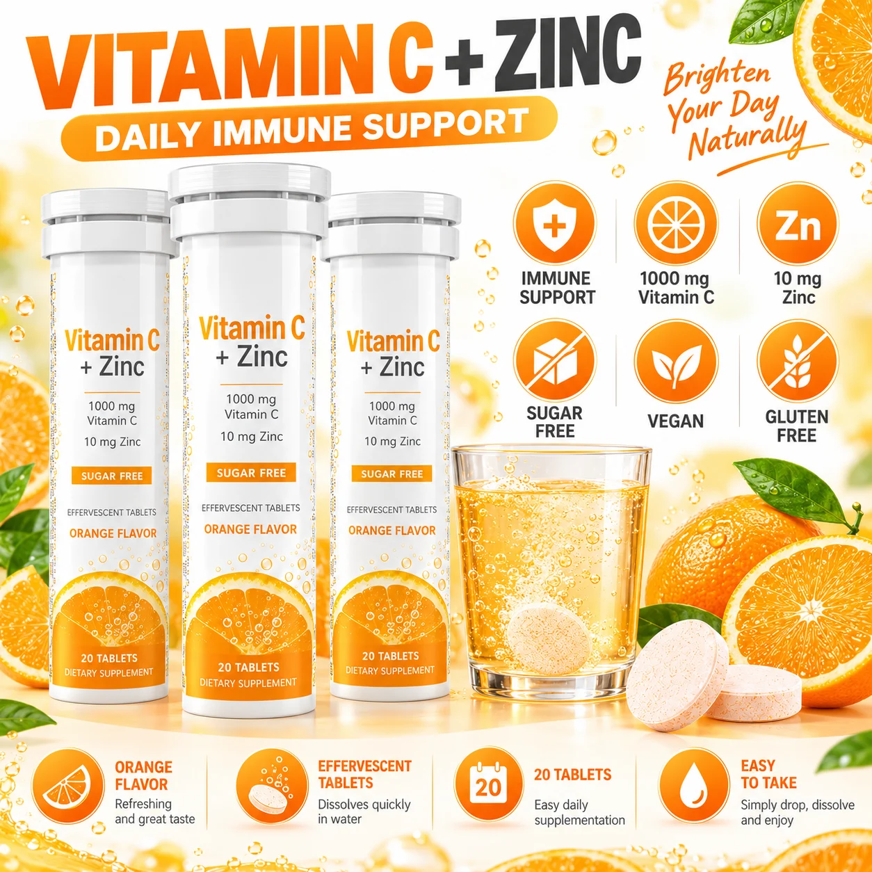 Vitamin C 1000 mg + Zinc 10 mg Effervescent Tablets, Sugar Free, Orange Flavor, 20 Tablets per Tube, OEM ODM Private Label product detail