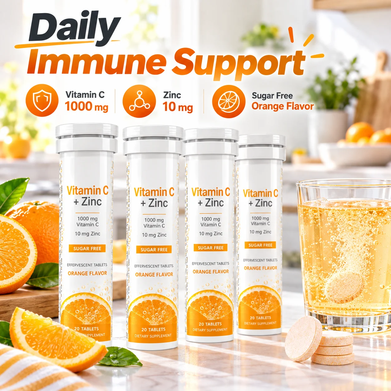 Vitamin C 1000 mg + Zinc 10 mg Effervescent Tablets, Sugar Free, Orange Flavor, 20 Tablets per Tube, OEM ODM Private Label product detail