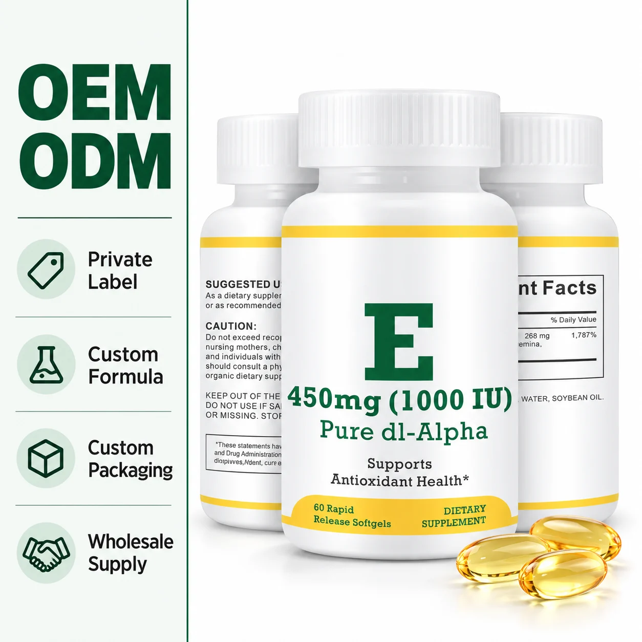 Vitamin E 1000 IU Softgels, dl-Alpha Vitamin E Supplement, 60 Softgels per Bottle, OEM ODM Private Label