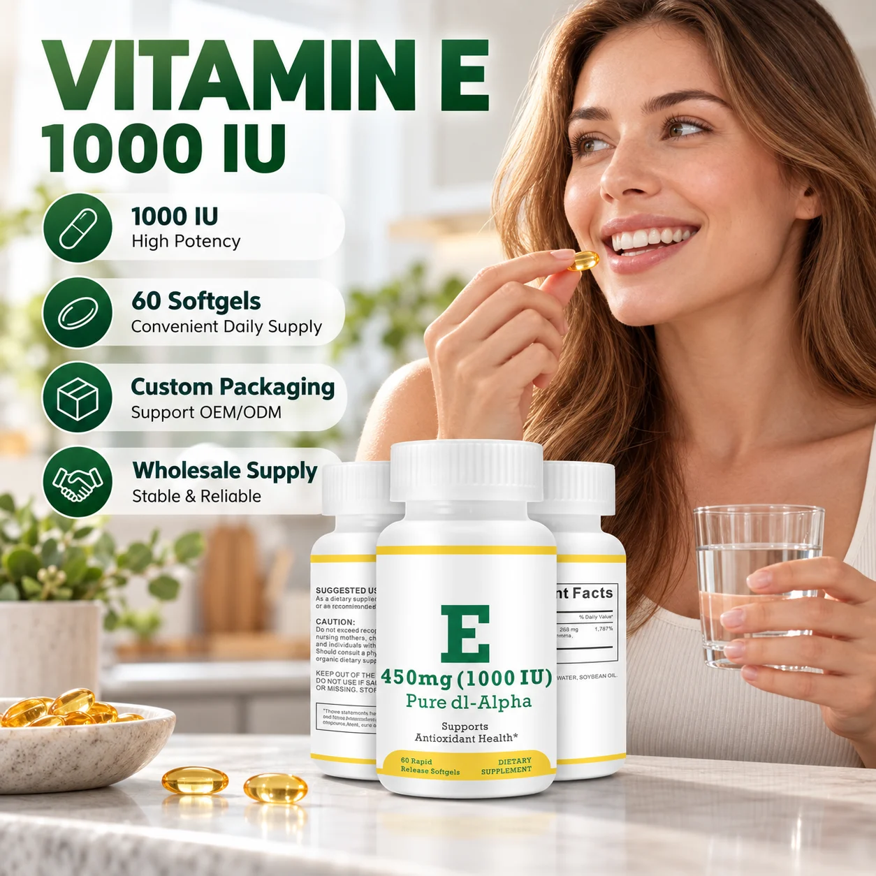Vitamin E 1000 IU Softgels, dl-Alpha Vitamin E Supplement, 60 Softgels per Bottle, OEM ODM Private Label product detail