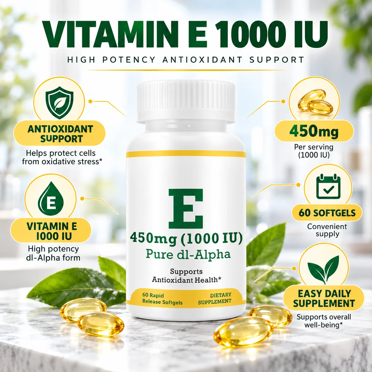 Vitamin E 1000 IU Softgels, dl-Alpha Vitamin E Supplement, 60 Softgels per Bottle, OEM ODM Private Label product detail