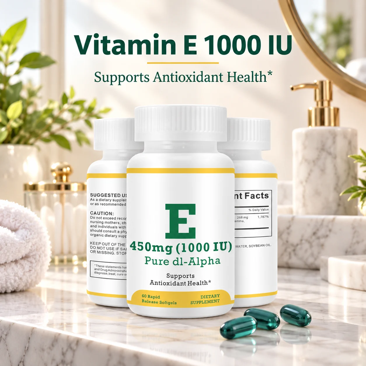 Vitamin E 1000 IU Softgels, dl-Alpha Vitamin E Supplement, 60 Softgels per Bottle, OEM ODM Private Label product detail