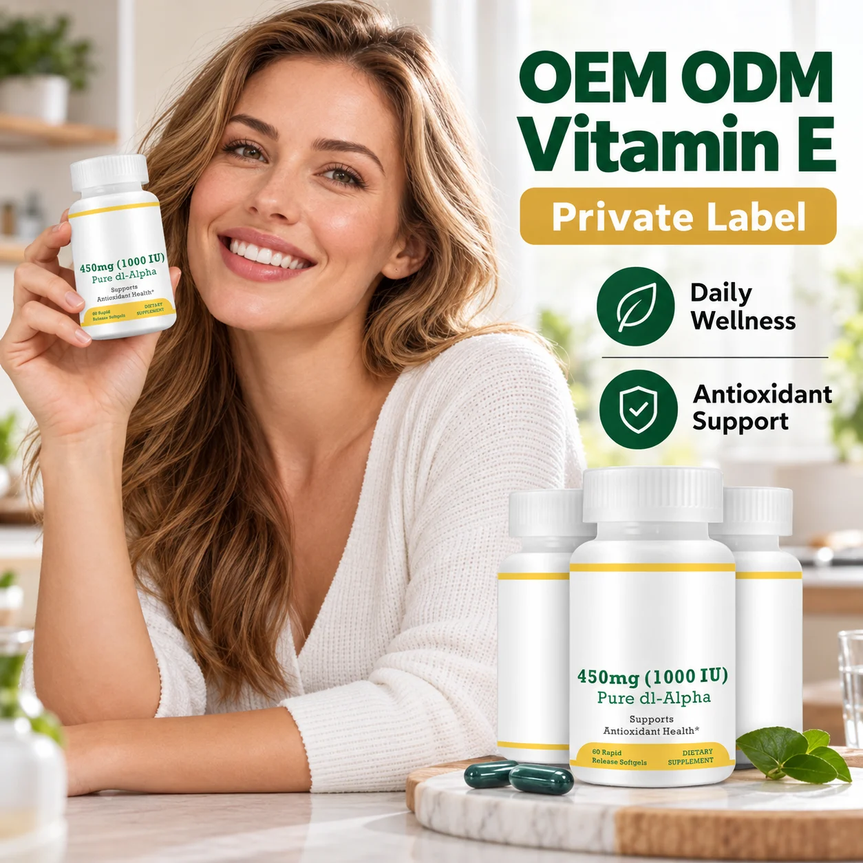 Vitamin E 1000 IU Softgels, dl-Alpha Vitamin E Supplement, 60 Softgels per Bottle, OEM ODM Private Label product detail