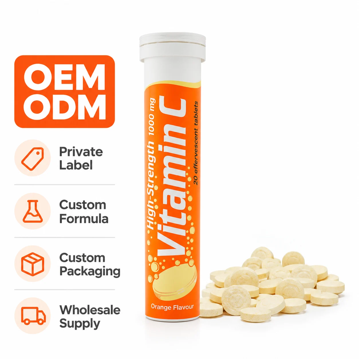 Vitamin C 1000 mg Effervescent Tablets, Orange Flavor, 20 Tablets per Tube, OEM ODM Private Label