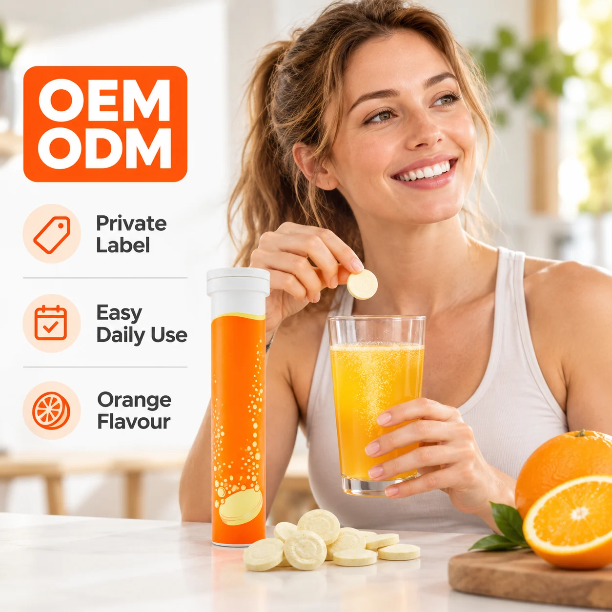 Vitamin C 1000 mg Effervescent Tablets, Orange Flavor, 20 Tablets per Tube, OEM ODM Private Label product detail