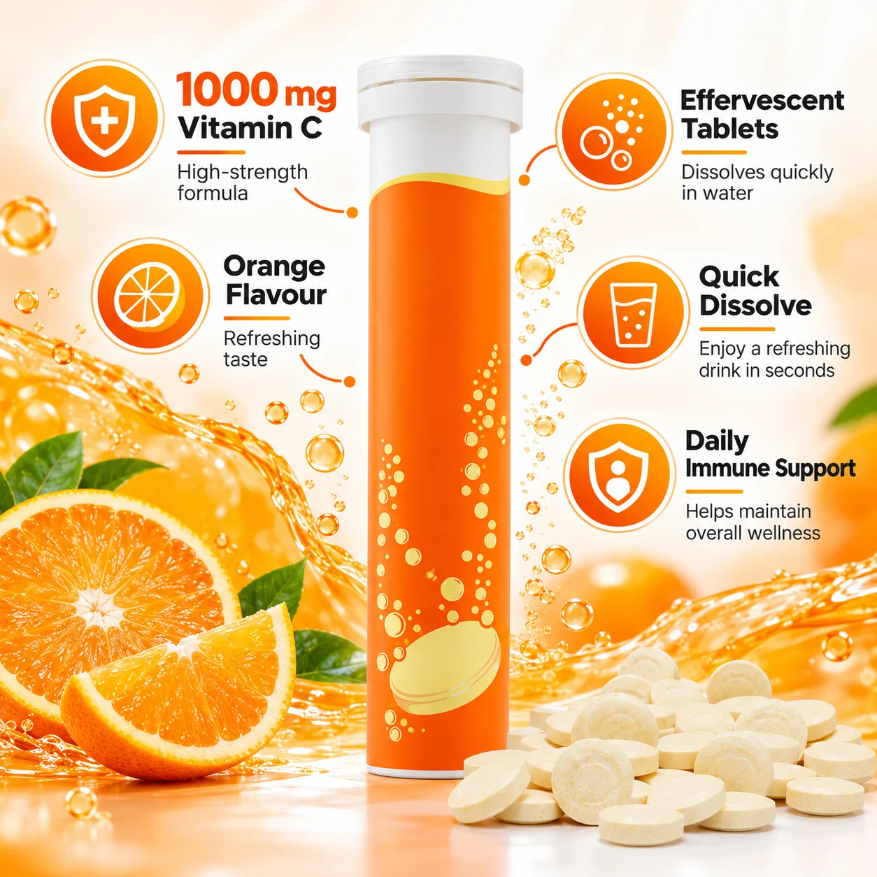 Vitamin C 1000 mg Effervescent Tablets, Orange Flavor, 20 Tablets per Tube, OEM ODM Private Label product detail