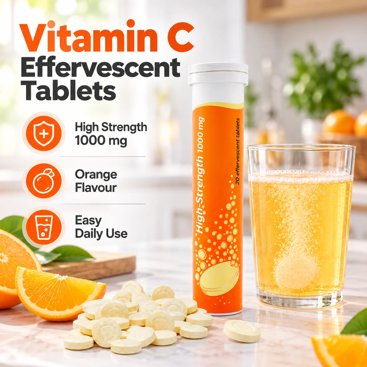 Vitamin C 1000 mg Effervescent Tablets, Orange Flavor, 20 Tablets per Tube, OEM ODM Private Label product detail