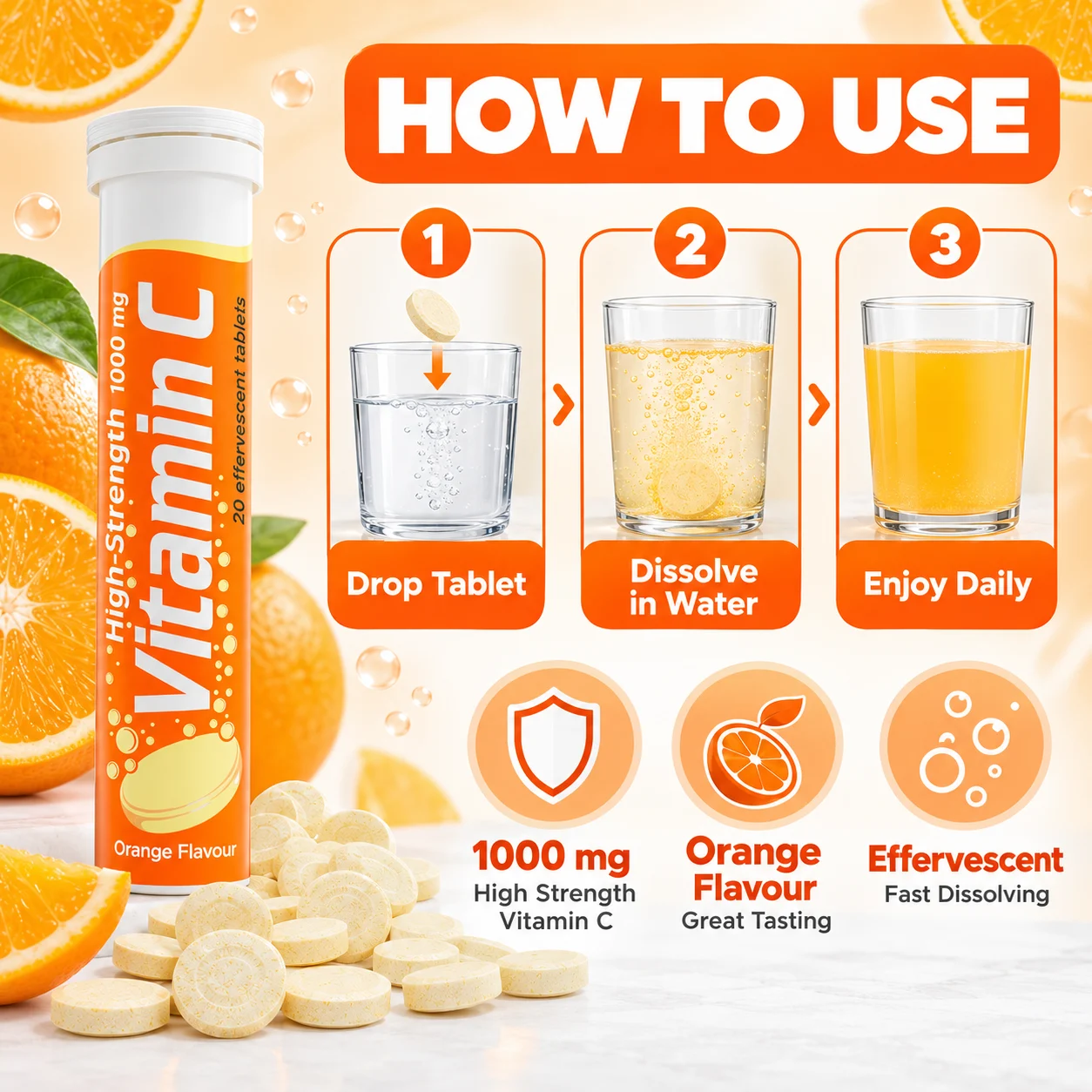 Vitamin C 1000 mg Effervescent Tablets, Orange Flavor, 20 Tablets per Tube, OEM ODM Private Label product detail