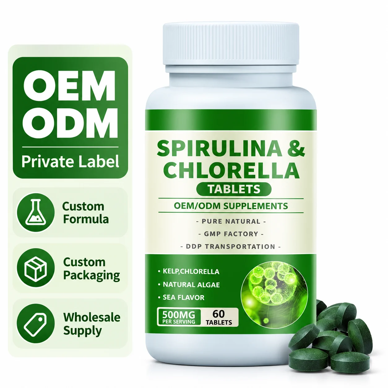 Spirulina & Chlorella Tablets, 500 mg per Serving, Algae Supplement, 60 Tablets per Bottle, OEM ODM Private Label