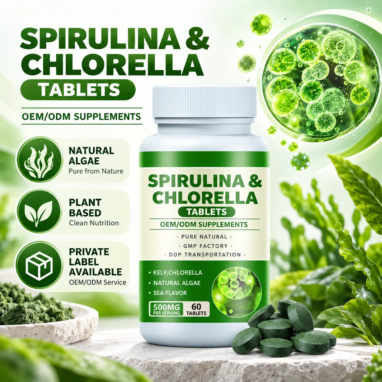 Spirulina & Chlorella Tablets, 500 mg per Serving, Algae Supplement, 60 Tablets per Bottle, OEM ODM Private Label product detail