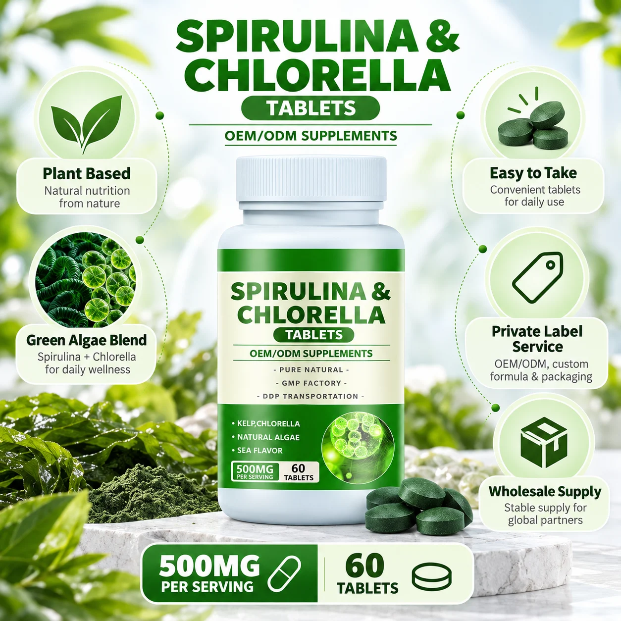 Spirulina & Chlorella Tablets, 500 mg per Serving, Algae Supplement, 60 Tablets per Bottle, OEM ODM Private Label product detail