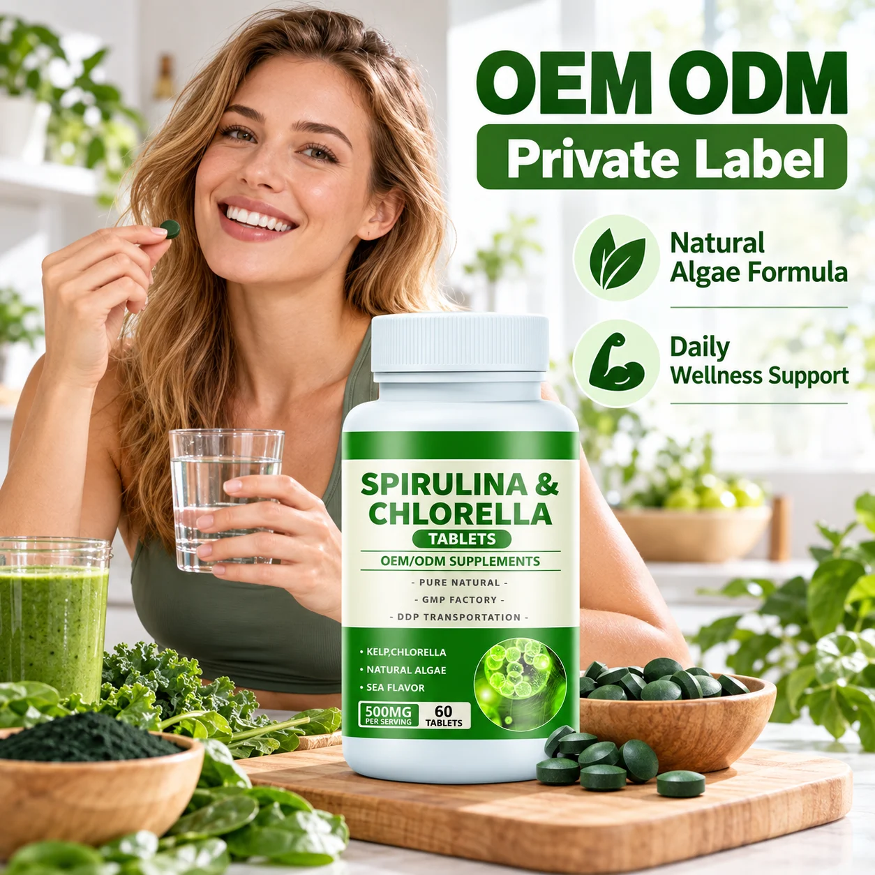 Spirulina & Chlorella Tablets, 500 mg per Serving, Algae Supplement, 60 Tablets per Bottle, OEM ODM Private Label product detail
