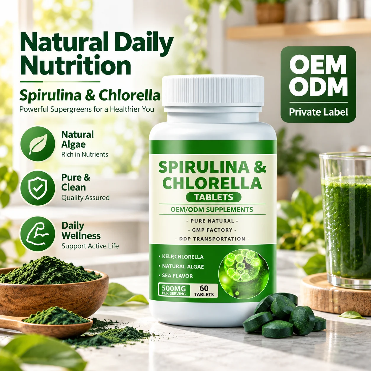Spirulina & Chlorella Tablets, 500 mg per Serving, Algae Supplement, 60 Tablets per Bottle, OEM ODM Private Label product detail