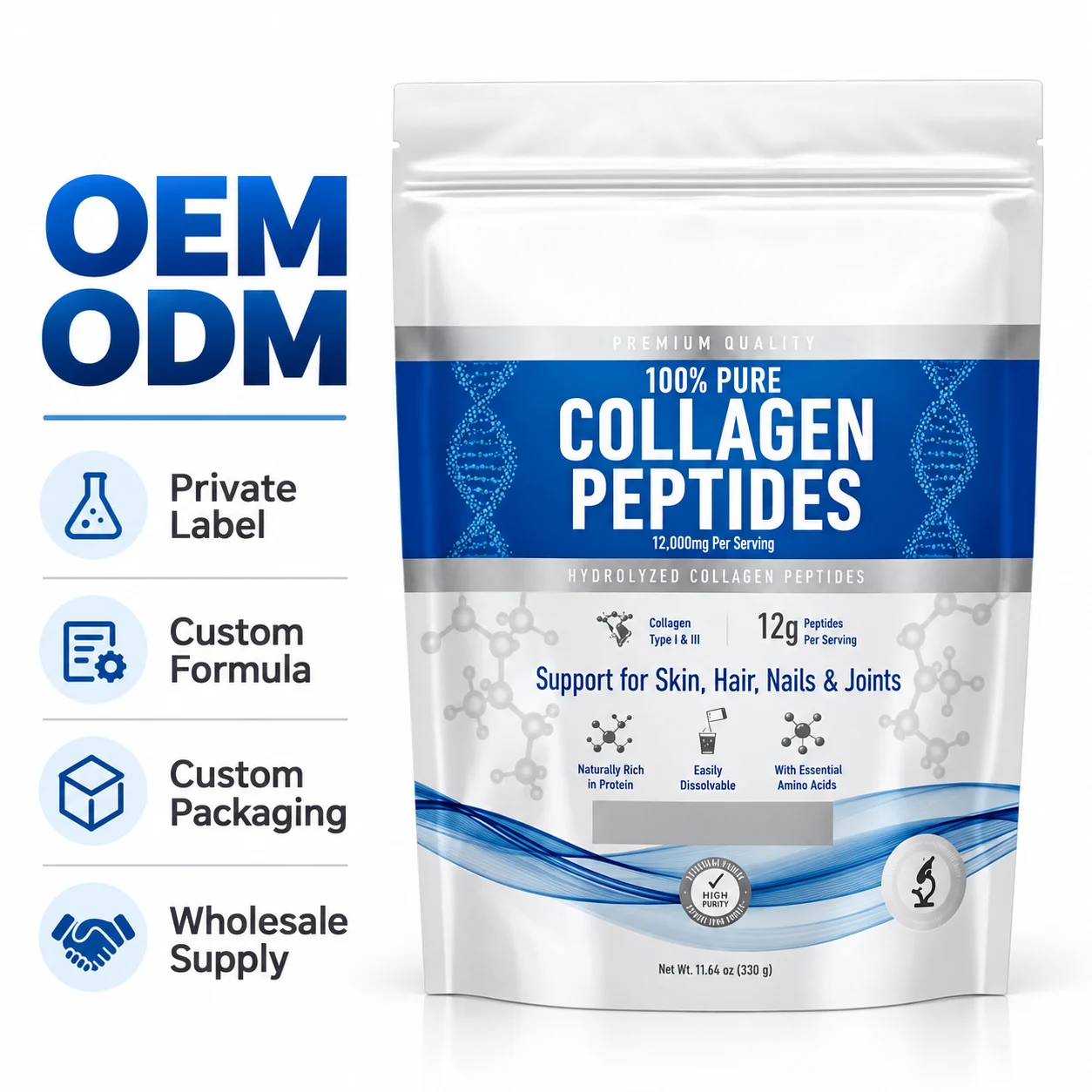 Hydrolyzed Collagen Peptides Powder, Type I & III, 12 g per Serving, Unflavored, 330 g Pouch, OEM ODM Private Label