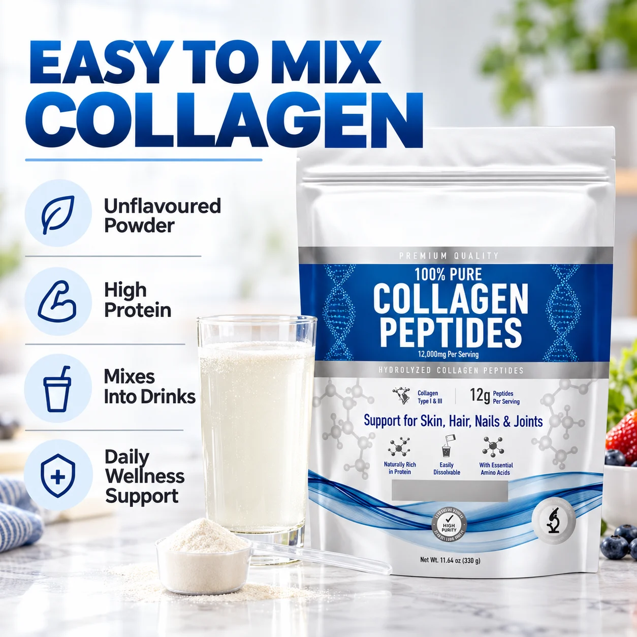 Hydrolyzed Collagen Peptides Powder, Type I & III, 12 g per Serving, Unflavored, 330 g Pouch, OEM ODM Private Label product detail