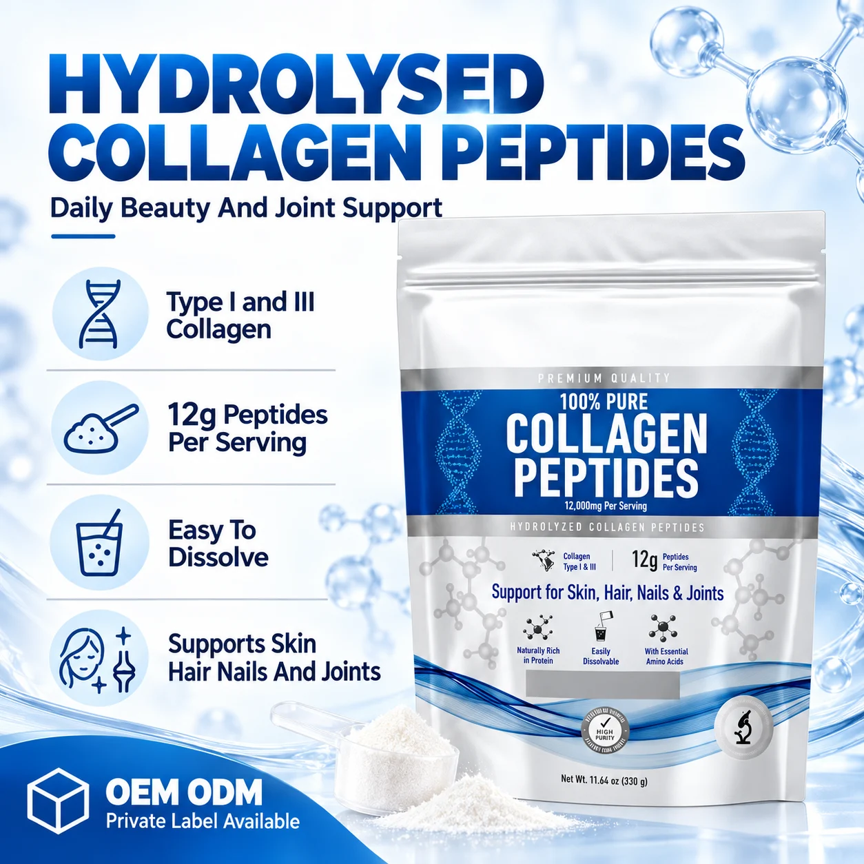 Hydrolyzed Collagen Peptides Powder, Type I & III, 12 g per Serving, Unflavored, 330 g Pouch, OEM ODM Private Label product detail