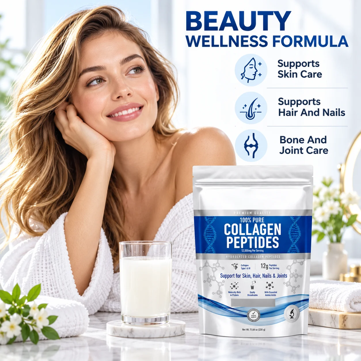Hydrolyzed Collagen Peptides Powder, Type I & III, 12 g per Serving, Unflavored, 330 g Pouch, OEM ODM Private Label product detail