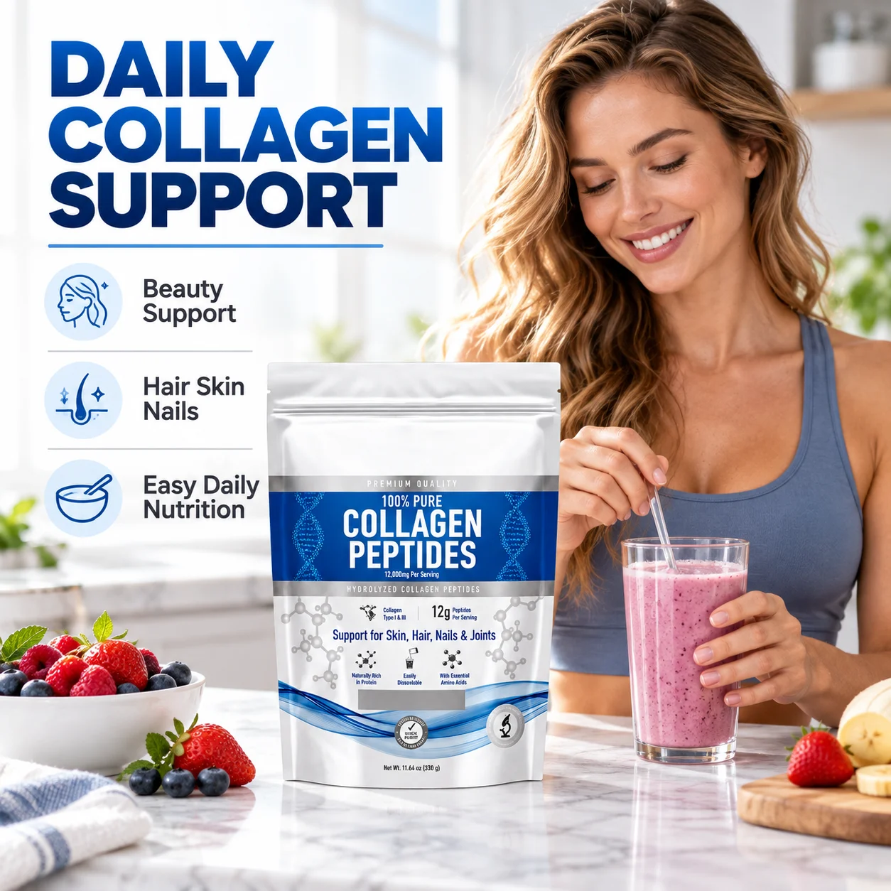 Hydrolyzed Collagen Peptides Powder, Type I & III, 12 g per Serving, Unflavored, 330 g Pouch, OEM ODM Private Label product detail