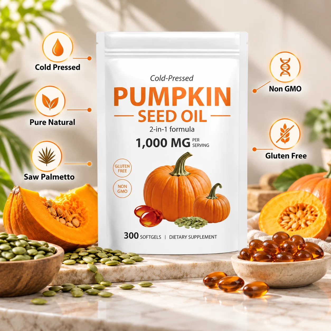 Cold-Pressed Pumpkin Seed Oil with Saw Palmetto, 1000 mg per Serving, 300 Softgels, OEM ODM Private Label product detail