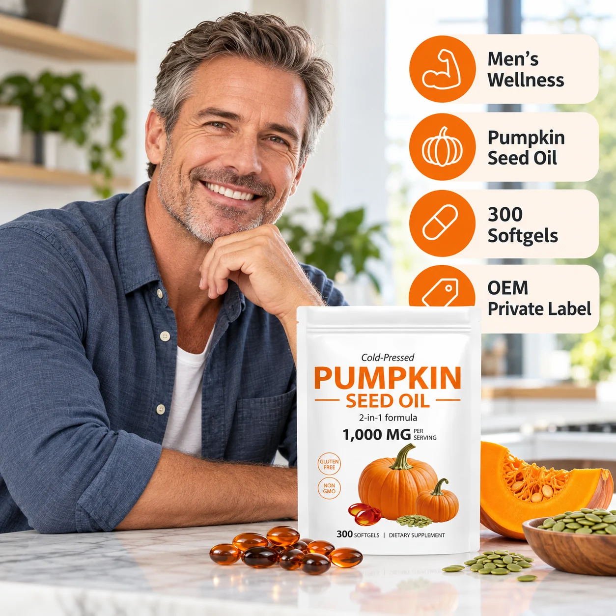 Cold-Pressed Pumpkin Seed Oil with Saw Palmetto, 1000 mg per Serving, 300 Softgels, OEM ODM Private Label product detail