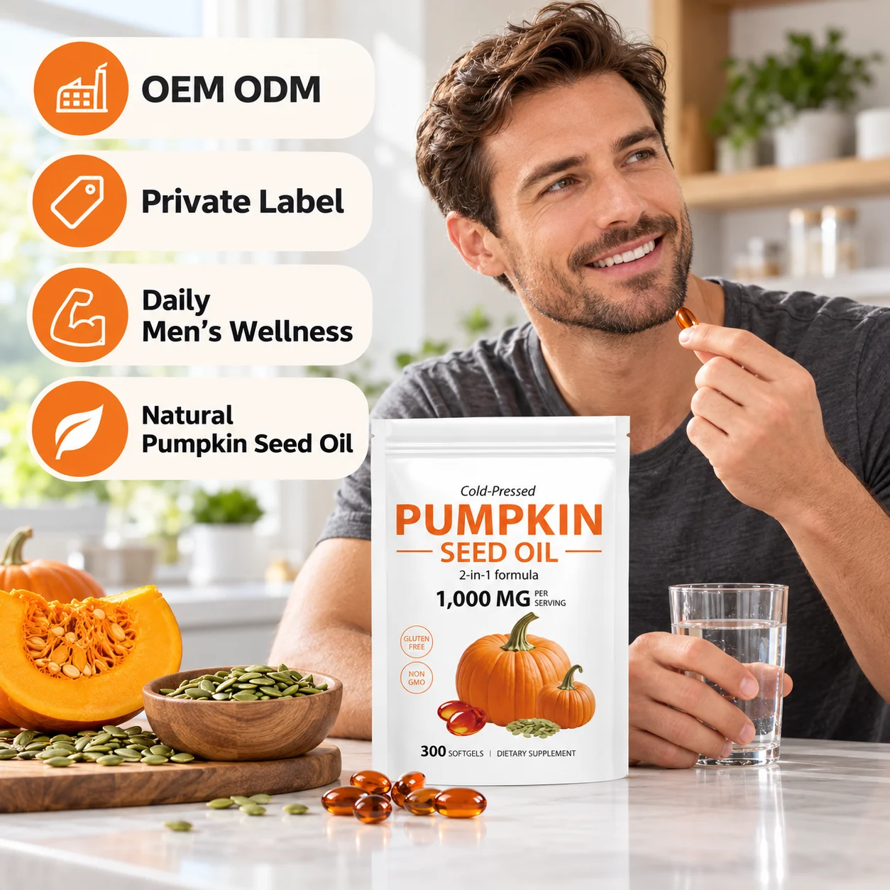 Cold-Pressed Pumpkin Seed Oil with Saw Palmetto, 1000 mg per Serving, 300 Softgels, OEM ODM Private Label product detail