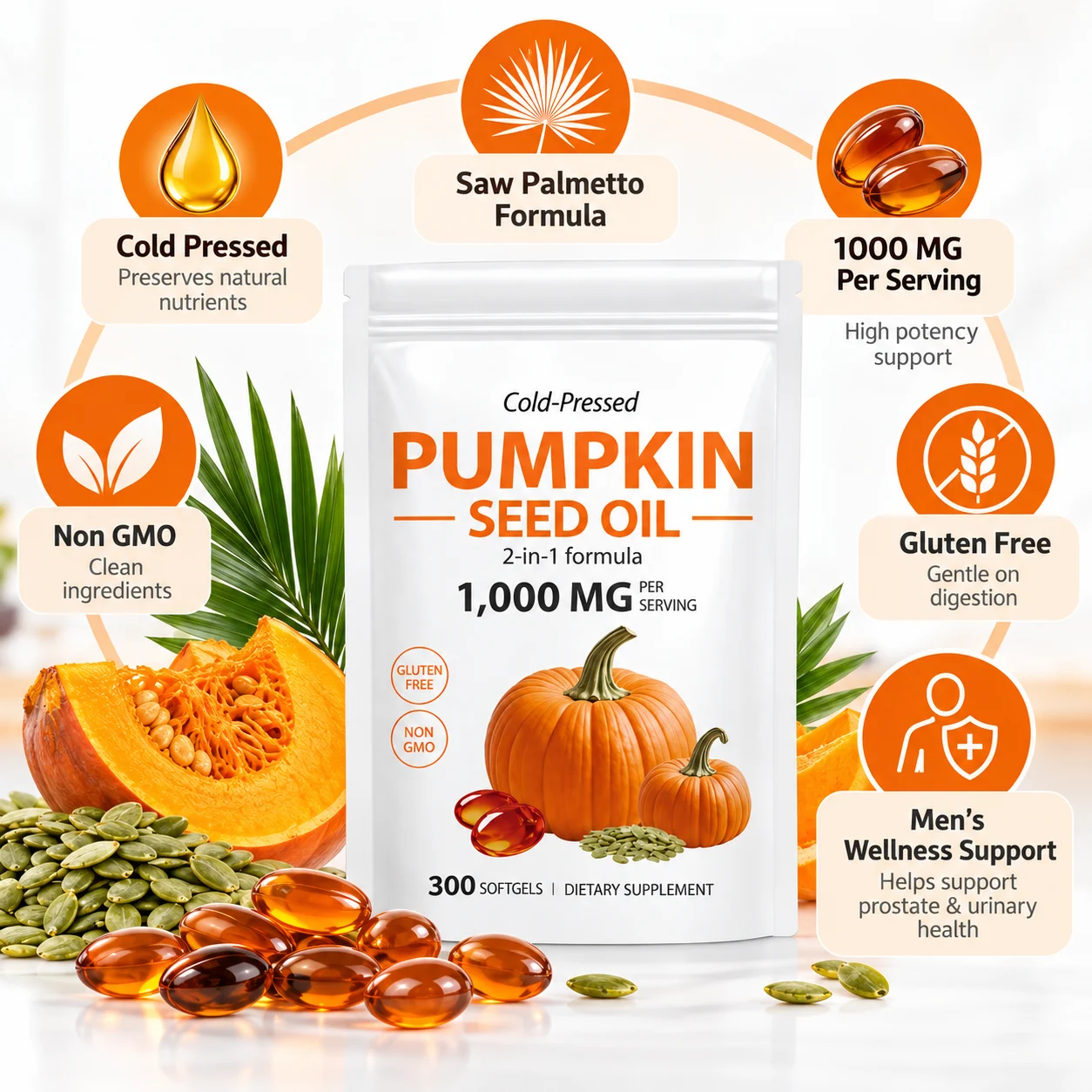 Cold-Pressed Pumpkin Seed Oil with Saw Palmetto, 1000 mg per Serving, 300 Softgels, OEM ODM Private Label product detail