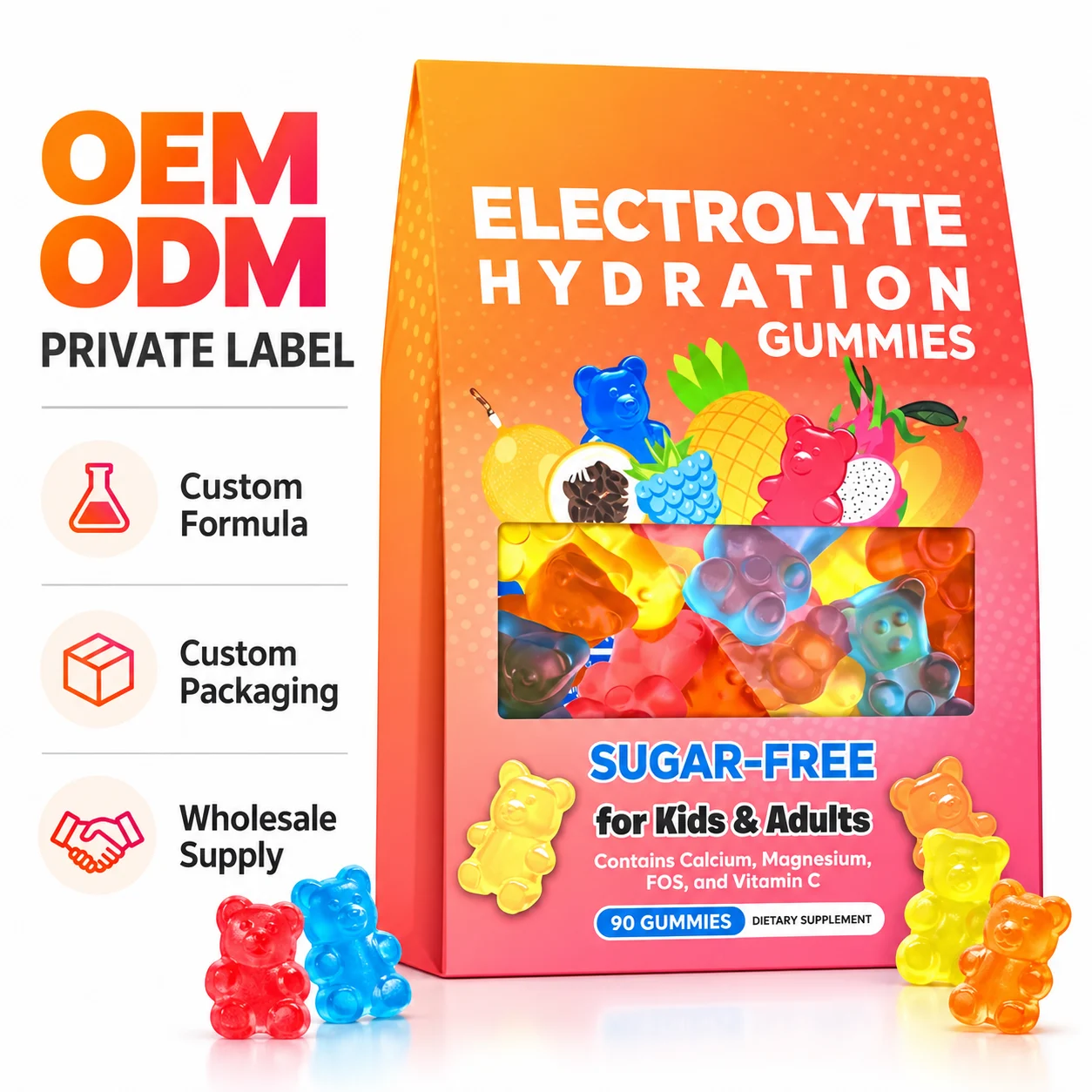 Sugar-Free Electrolyte Gummies with Calcium, Magnesium, Vitamin C & FOS, 90 Count, OEM ODM Private Label
