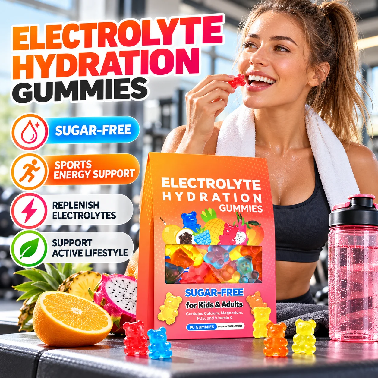 Sugar-Free Electrolyte Gummies with Calcium, Magnesium, Vitamin C & FOS, 90 Count, OEM ODM Private Label product detail