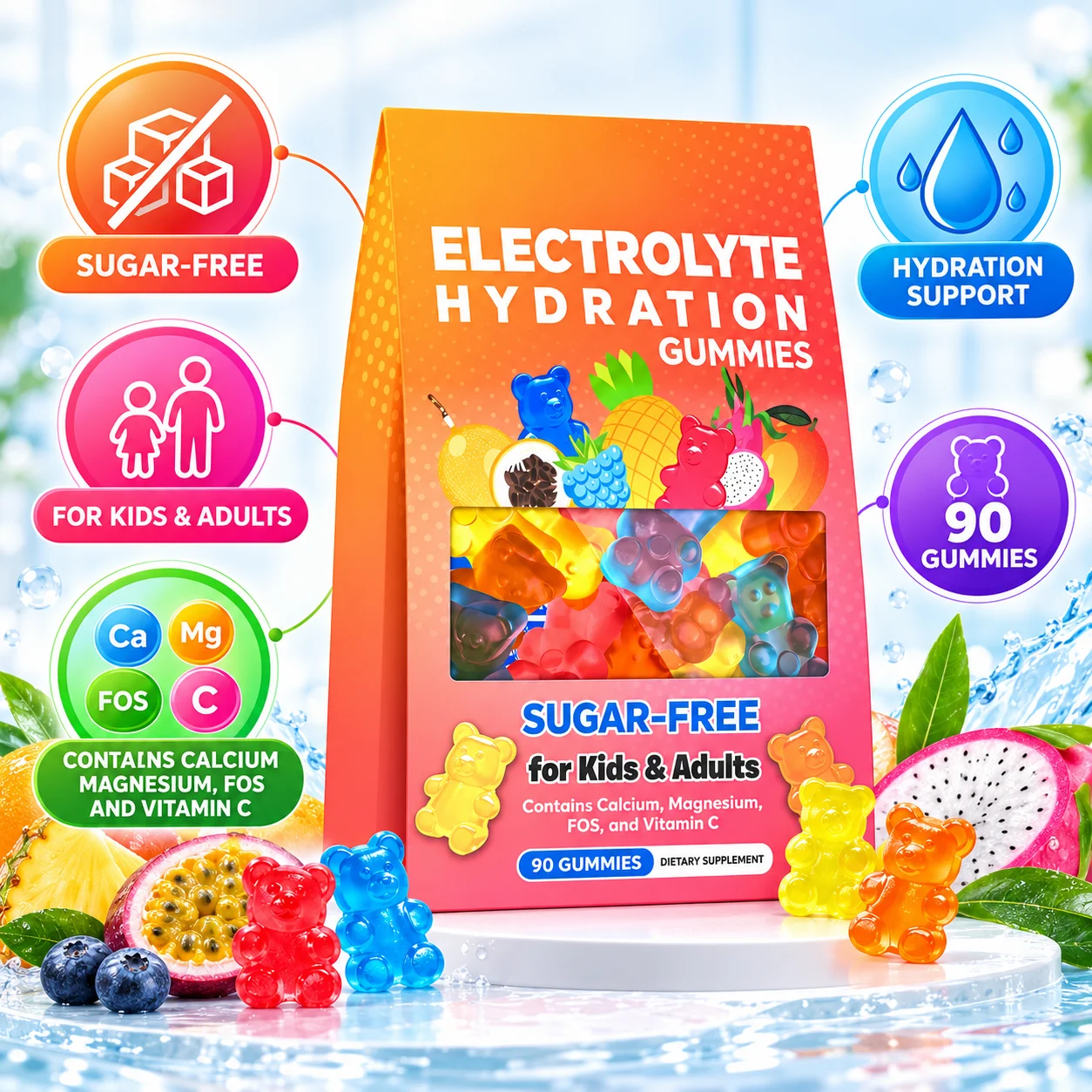 Sugar-Free Electrolyte Gummies with Calcium, Magnesium, Vitamin C & FOS, 90 Count, OEM ODM Private Label product detail