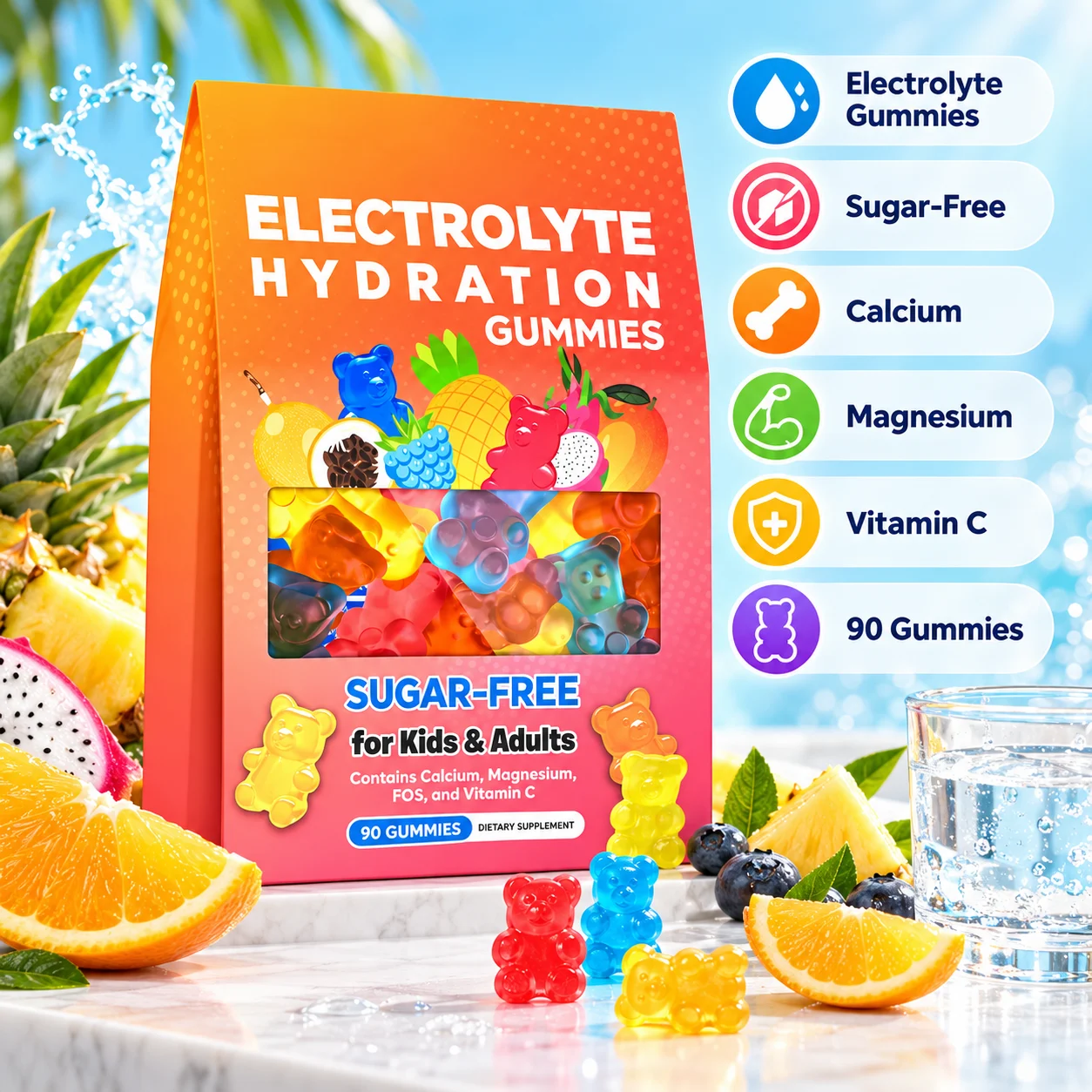 Sugar-Free Electrolyte Gummies with Calcium, Magnesium, Vitamin C & FOS, 90 Count, OEM ODM Private Label product detail