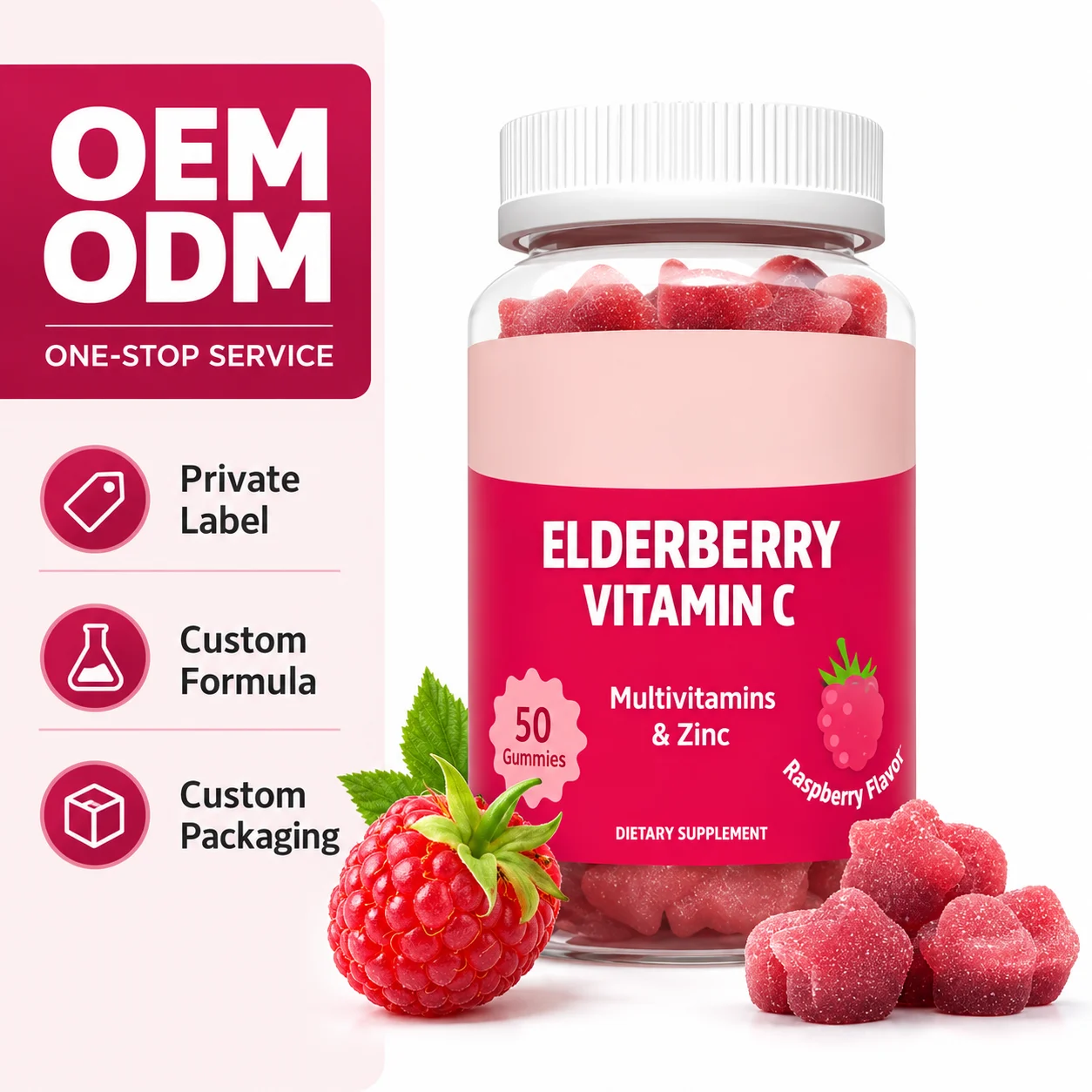 Elderberry Vitamin C Gummies with Multivitamins & Zinc, Raspberry Flavor, 50 Count, OEM ODM Private Label