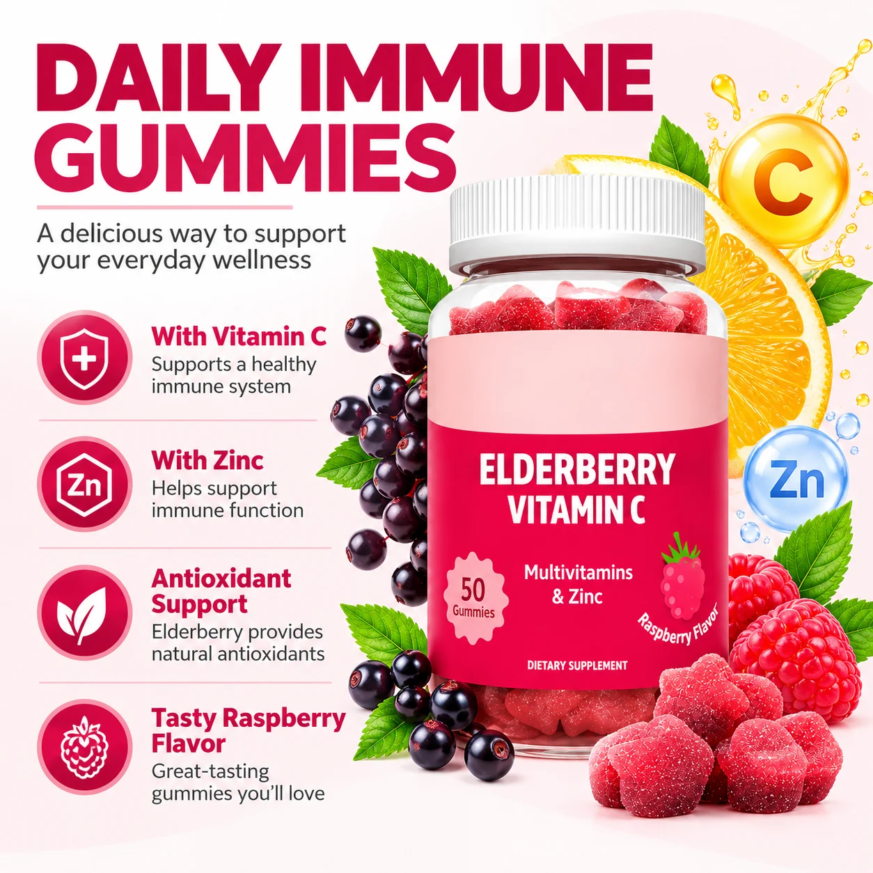 Elderberry Vitamin C Gummies with Multivitamins & Zinc, Raspberry Flavor, 50 Count, OEM ODM Private Label product detail