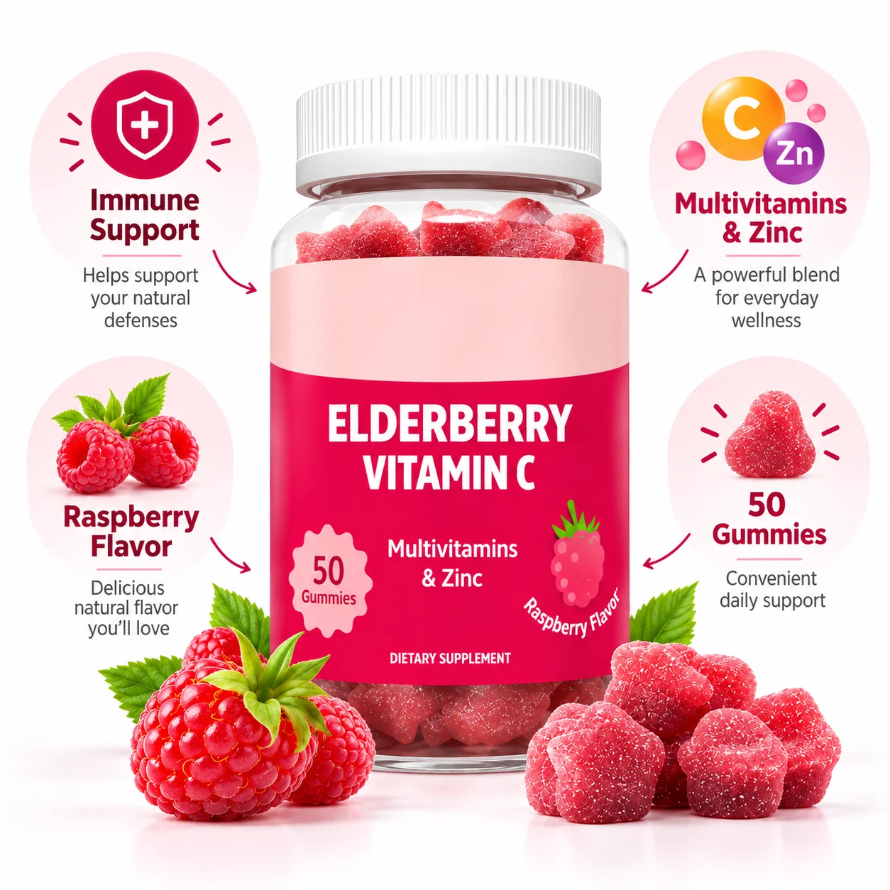 Elderberry Vitamin C Gummies with Multivitamins & Zinc, Raspberry Flavor, 50 Count, OEM ODM Private Label product detail